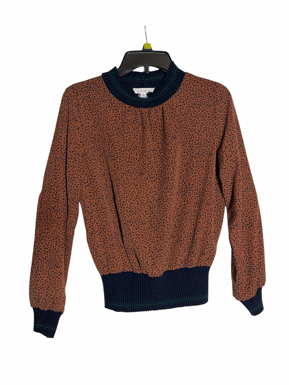 THML Brown Leopard-Print Crewneck Sweater with Navy Trim